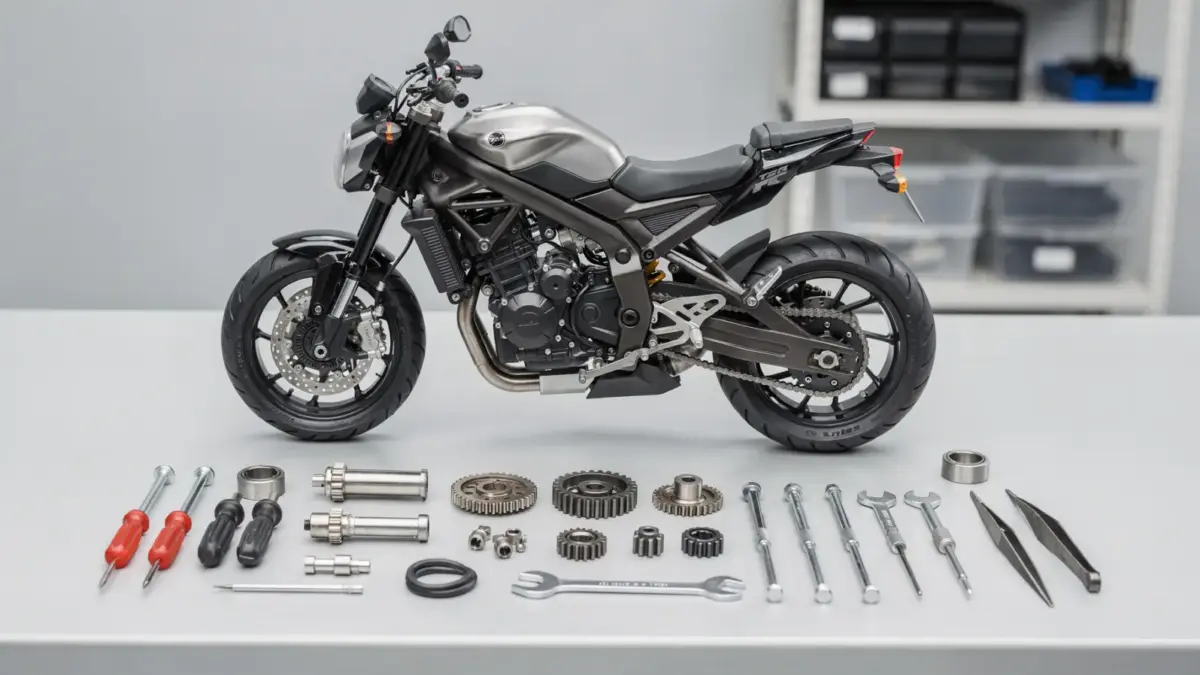 RC Motorrad Wartung mit Kette, Antrieb und Lager auf einer Werkbank