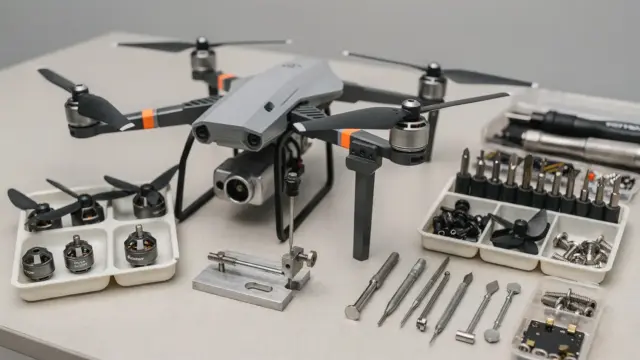 RC-Drohne auf Werkbank bei der Crash-Reparatur mit Werkzeugen und Ersatzteilen