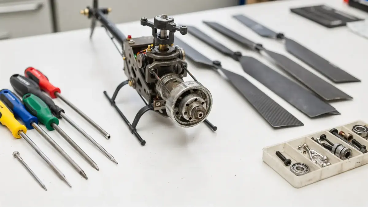 RC-Helikopter mit Rotorblättern und Werkzeugen für den Wechsel der Rotorblätter