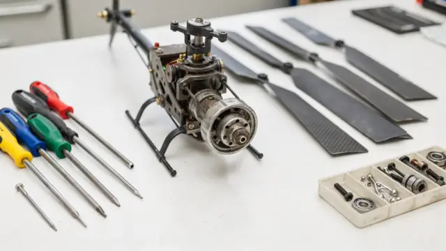 RC-Helikopter mit Rotorblättern und Werkzeugen für den Wechsel der Rotorblätter