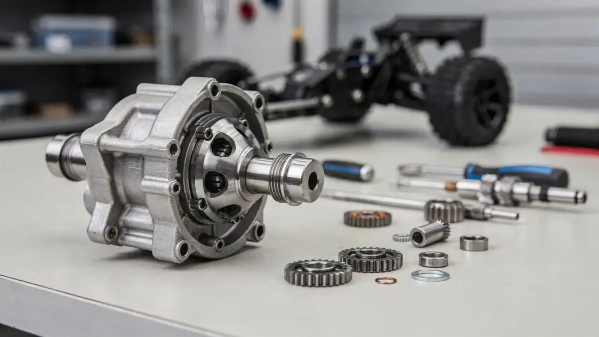 RC Truck Differential auf der Werkbank mit Antriebsteilen und Werkzeugen zur Funktion und Wahl des Differentials