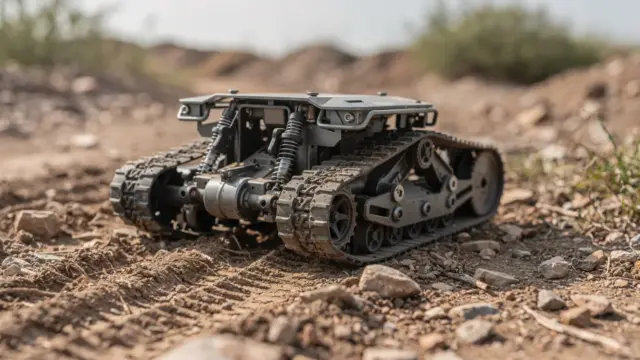 RC Baumaschine im Gelände mit grobstolligen Rädern auf unebenem Untergrund