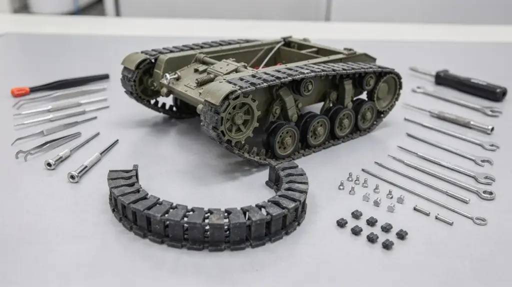 RC Panzer beim Kettenwechsel mit Werkzeugen auf der Werkbank