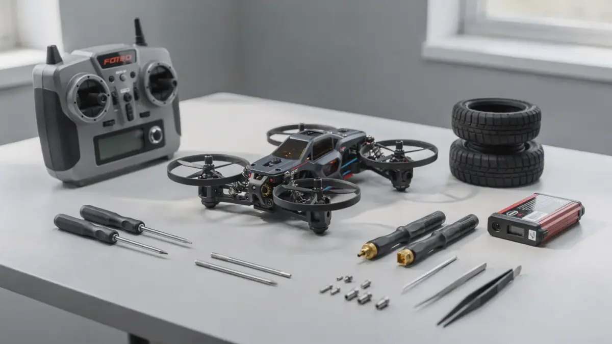 RC Quad Modell auf Werkbank mit Fernsteuerung und Zubehör zum Thema Kaufkriterien