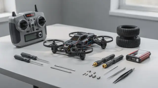 RC Quad Modell auf Werkbank mit Fernsteuerung und Zubehör zum Thema Kaufkriterien
