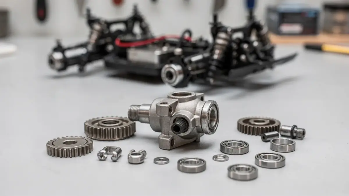 RC Auto Differential auf der Werkbank mit Zahnrädern und Gehäuse – passend zum Thema Funktion und Tuning.