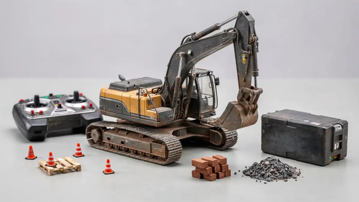 RC Bagger Modell auf einem Tisch mit Fernsteuerung und Zubehör für Technik und Kaufberatung