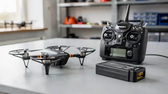 RC-Drohne mit Sender und Akku auf einem Tisch als Motiv zu den Regeln in Deutschland